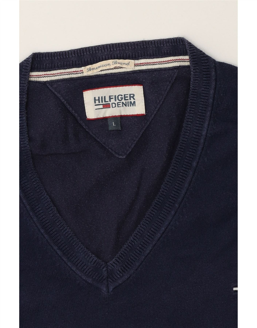 TOMMY HILFIGER Mens V-Neck Jumper Sweater Large Navy Blue Cotton Vintage Tommy Hilfiger and Second-Hand Tommy Hilfiger from Messina Hembry 