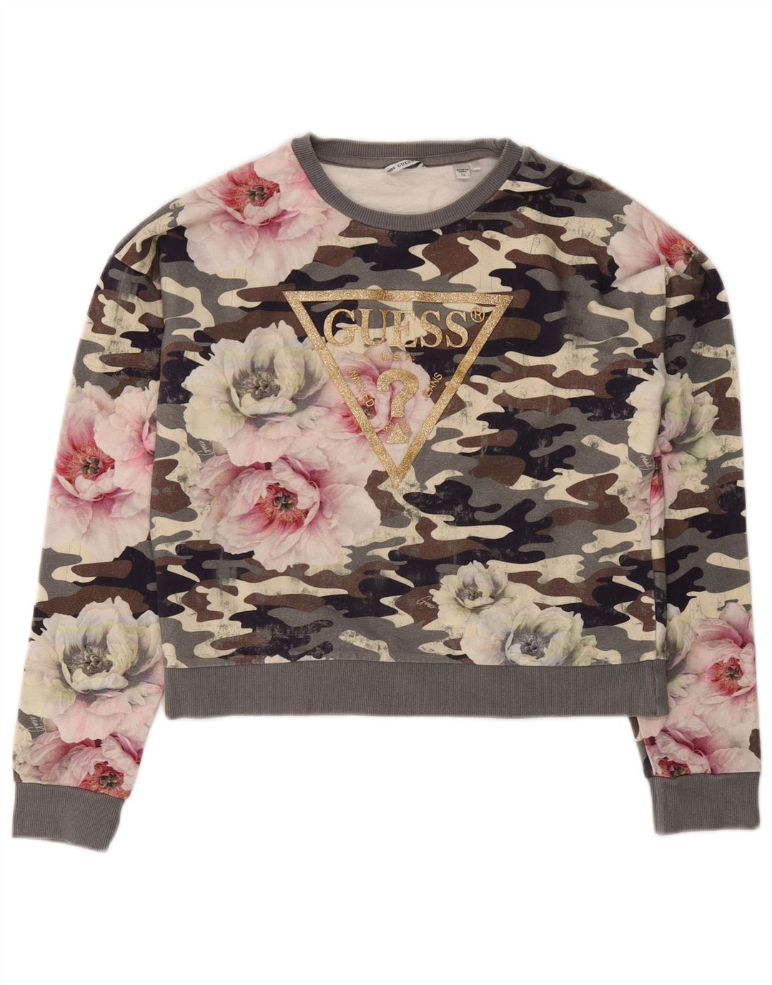 Suéter feminino com estampa gráfica GUESS UK 16 grande cinza camuflado