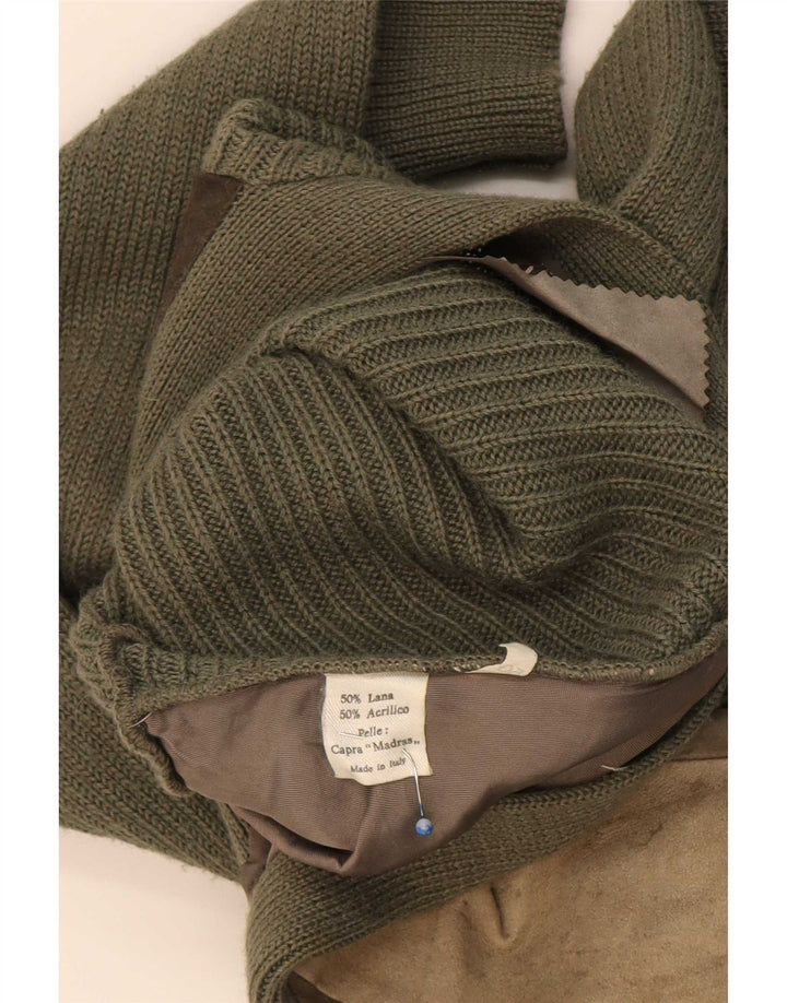 Suéter cardigã masculino vintage de camurça IT 50 lã colorblock cáqui médio