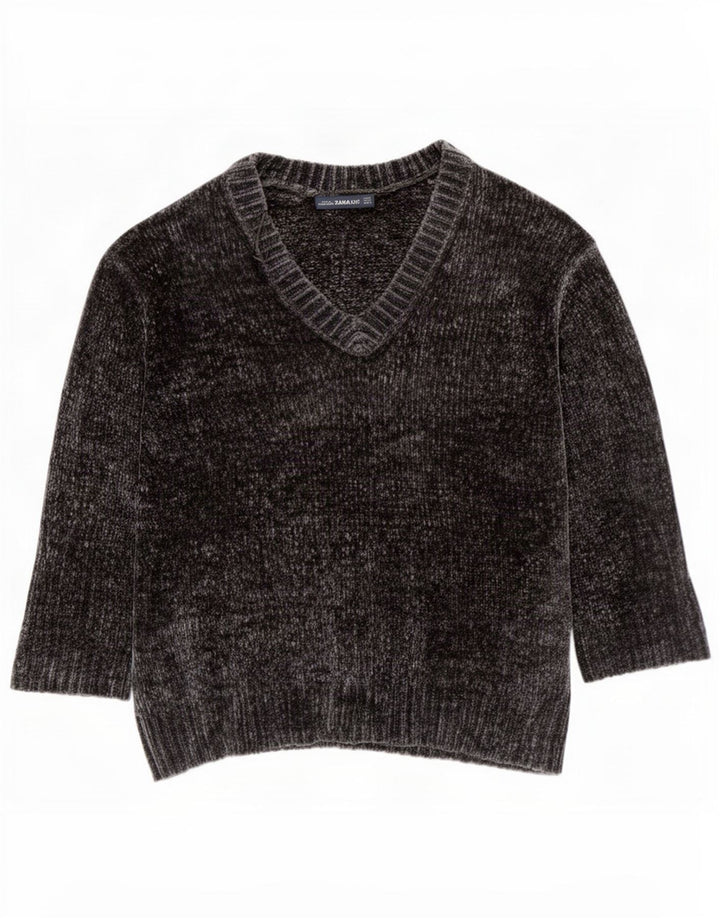 Zara Suéter feminino oversized manga 3/4 com decote em V Reino Unido 14 cinza médio