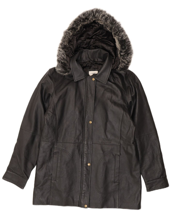 Jaqueta de couro vintage feminina com capuz UK 14 médio preto