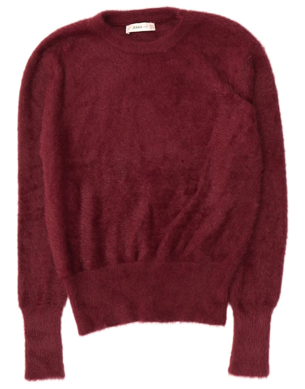 Zara Suéter feminino com gola redonda, Reino Unido 14 Médio Borgonha Nylon