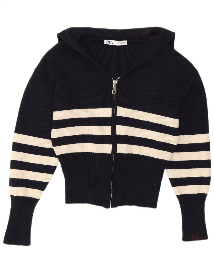 Suéter cardigã feminino Zara, pequeno, listrado azul marinho, viscose