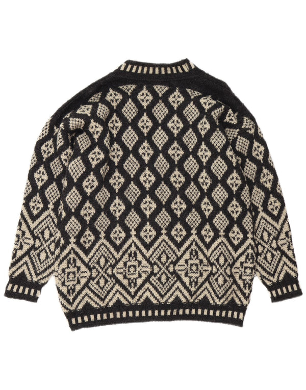 Suéter cardigã feminino vintage Reino Unido 16 grande preto Fair Isle