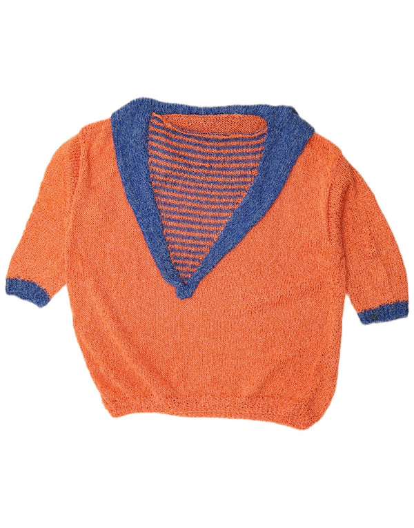Suéter feminino vintage manga 3/4 com gola polo UK 22 3XL listrado laranja