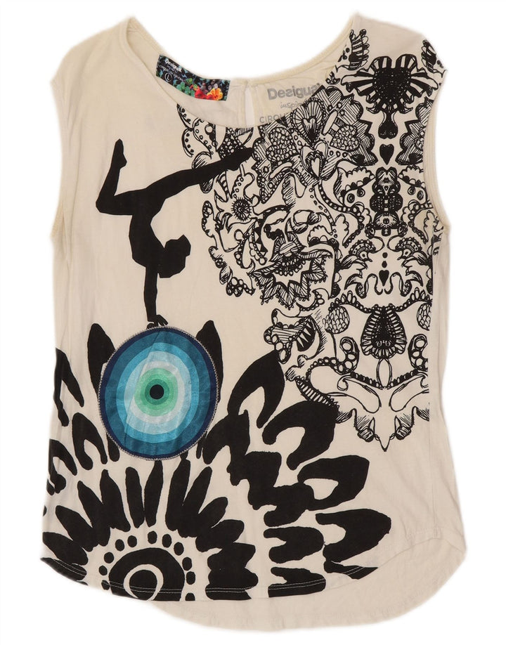 DESIGUAL Top feminino com colete gráfico Cirque Du Soleil Reino Unido 14 grande branco