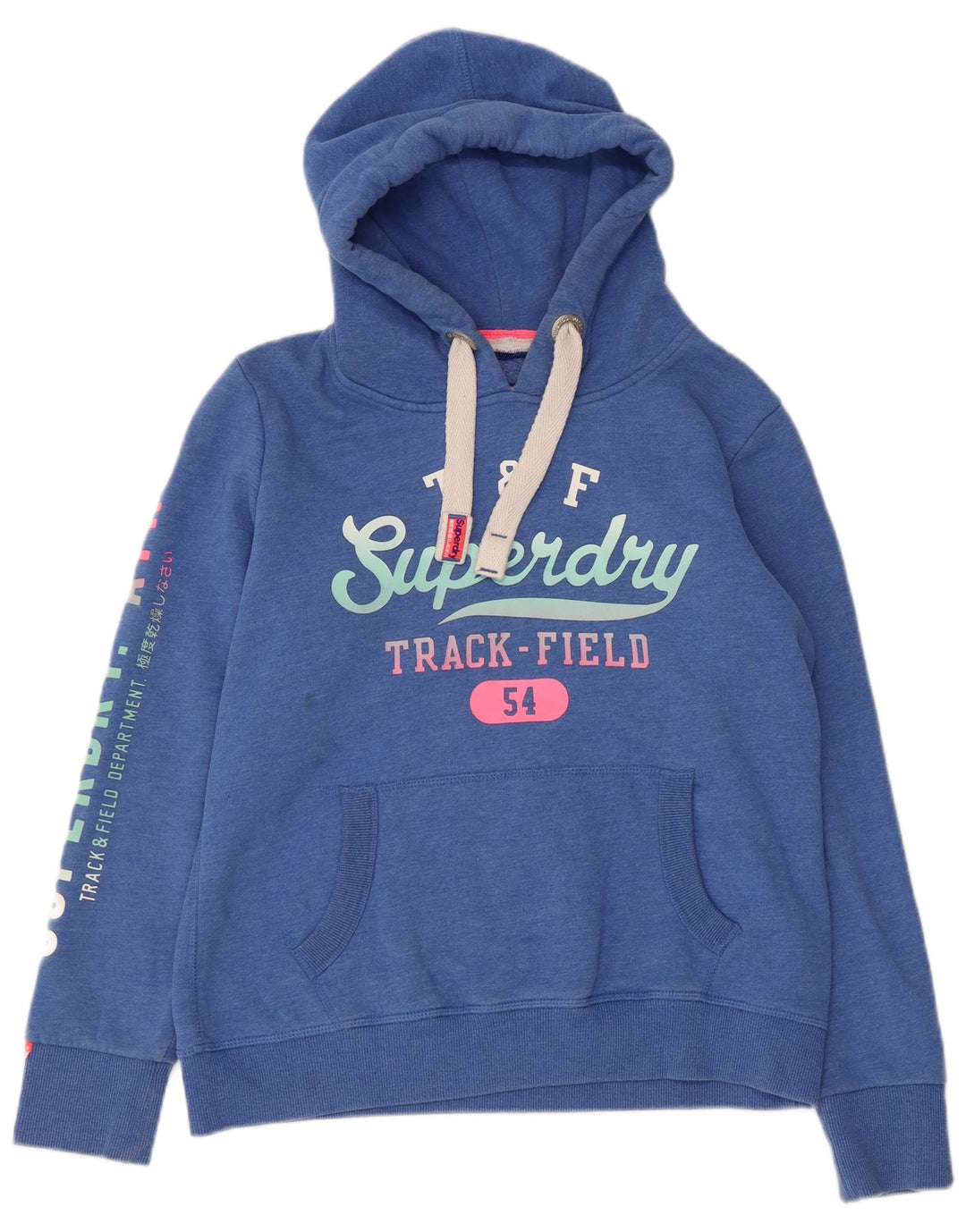 Jumper feminino com capuz gráfico SUPERDRY Reino Unido 16 grande algodão manchado azul
