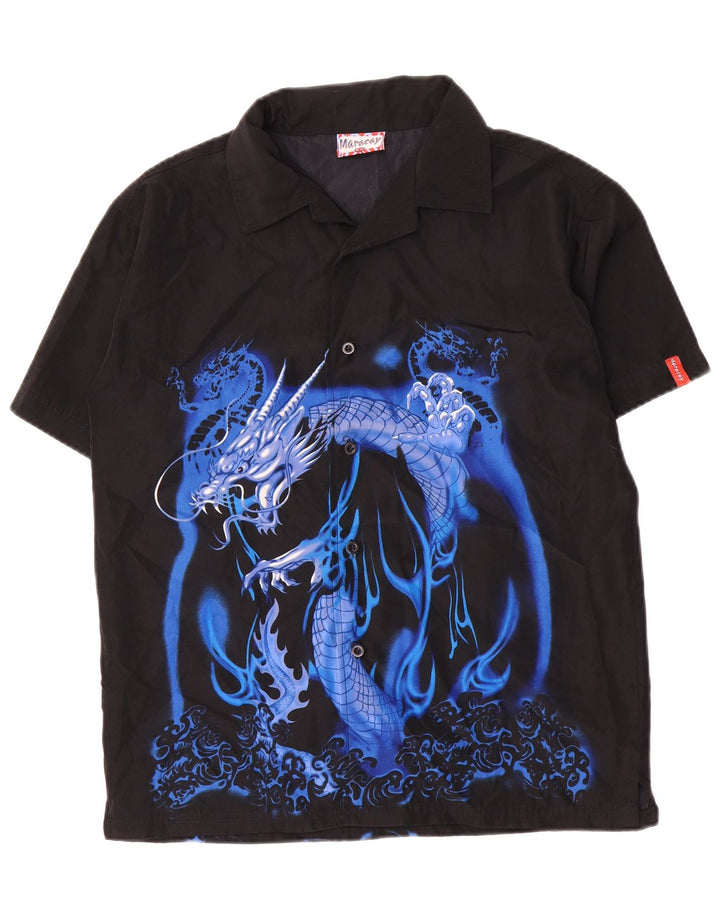 Camisa vintage masculina estampada de manga curta 15-16 anos poliéster preta