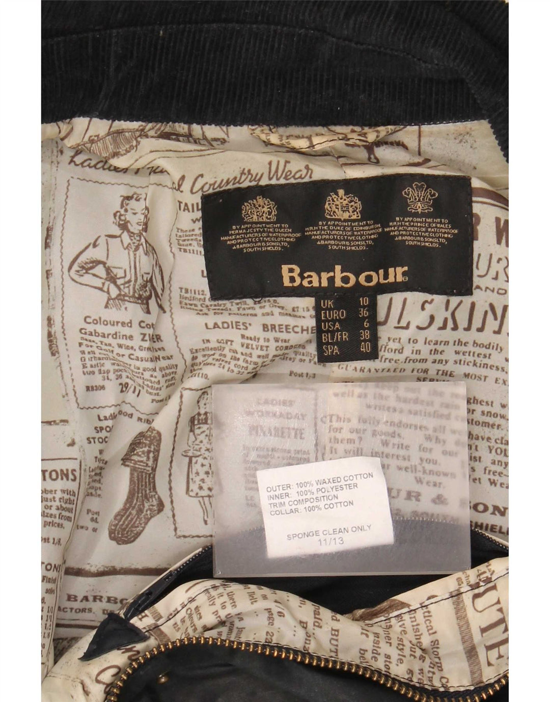 Jaqueta feminina de algodão encerado Barbour UK 10 pequena preta