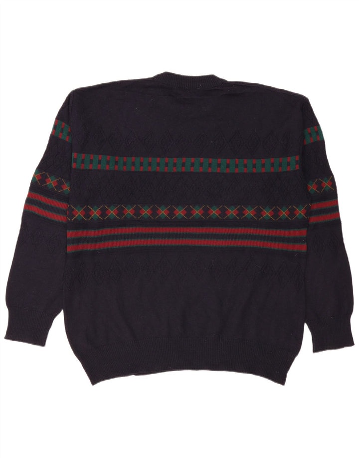 Suéter masculino VINTAGE com gola tartaruga IT 50 grande azul marinho geométrico