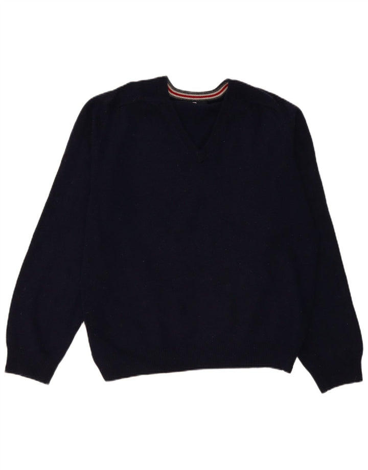 Suéter masculino Marks & Spencer com decote em V grande lã de carneiro azul marinho