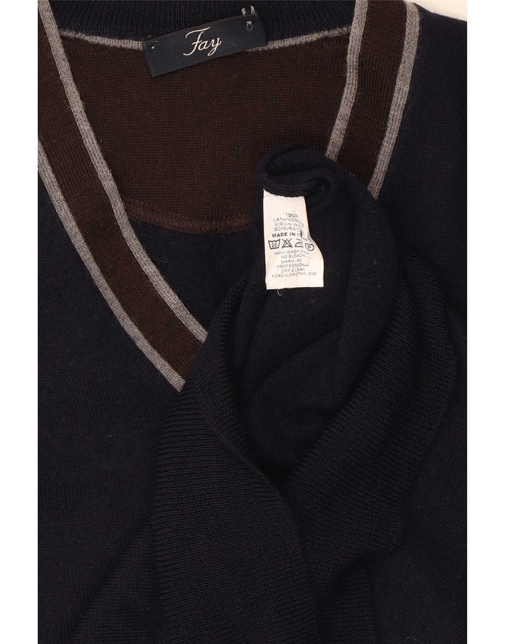 Suéter masculino Fay com decote em V médio azul marinho colorblock lã virgem