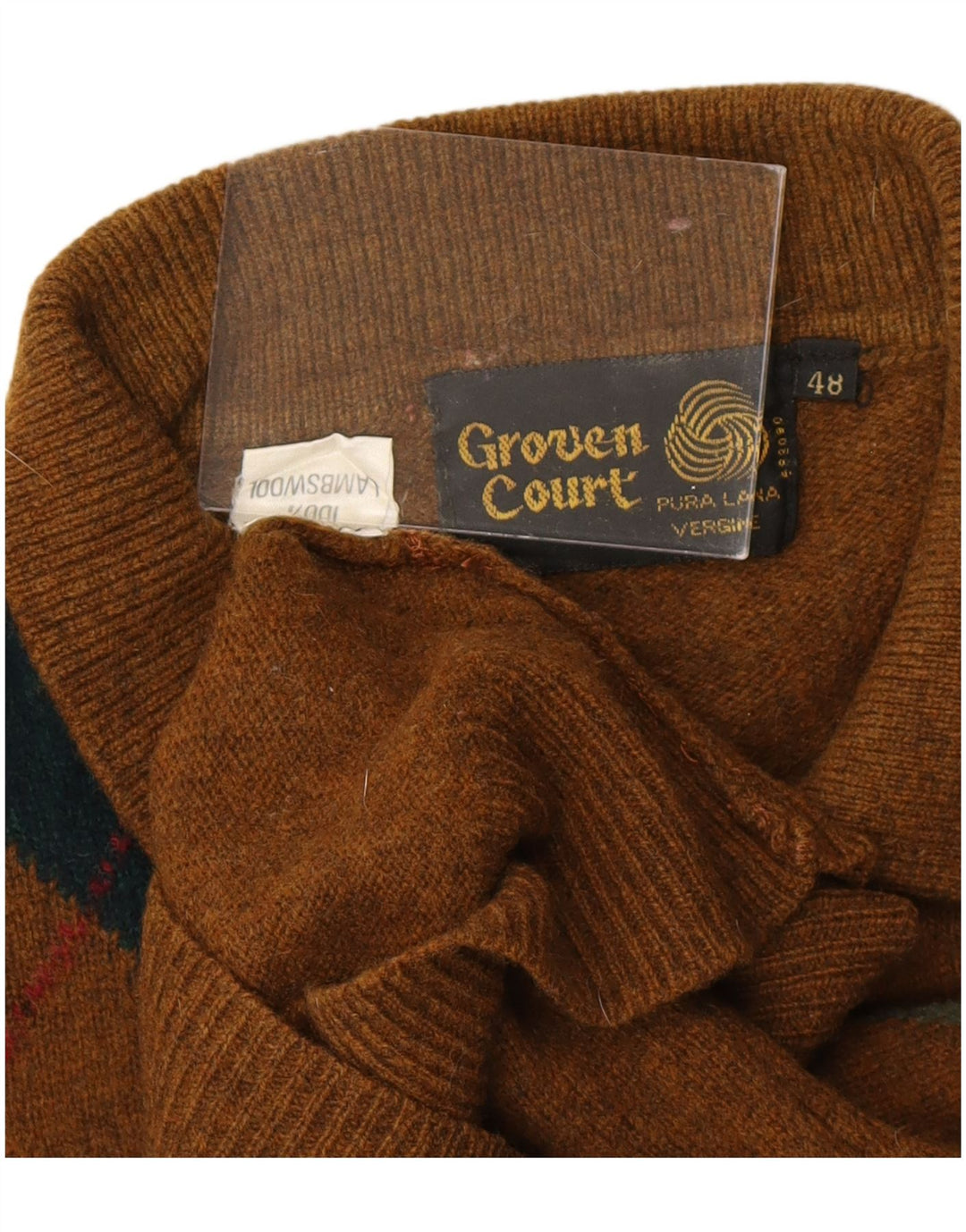 Suéter masculino VINTAGE com gola polo IT 48 pequeno marrom Argyle/Diamante