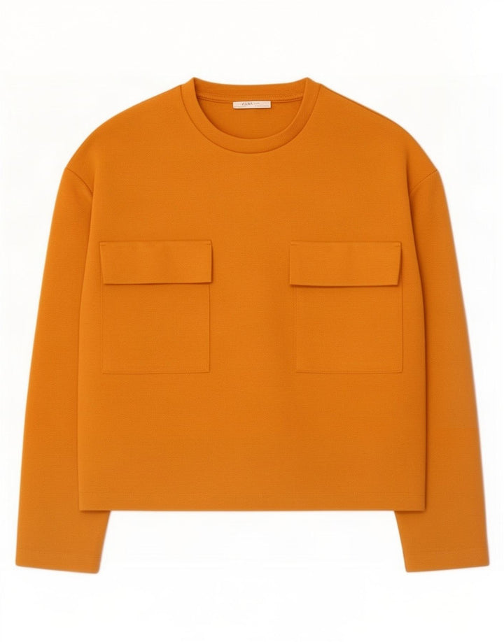 Top feminino Zara manga comprida UK 14 médio laranja