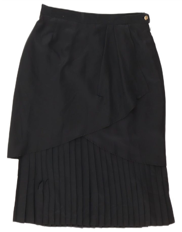 Saia Midi Plissada Feminina Vintage Reino Unido 14 Médio W30 Poliéster Preto