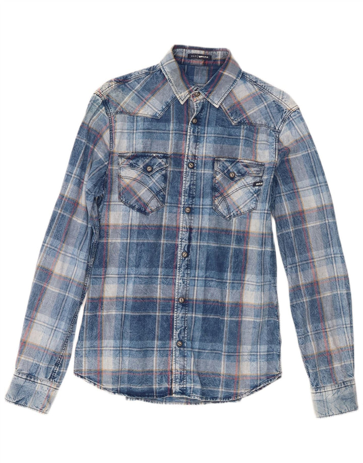Camisa ocidental masculina Gas grande xadrez azul