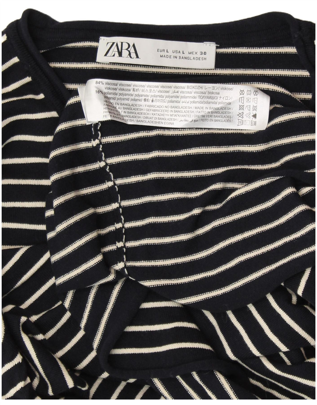 Suéter feminino ZARA com gola redonda, viscose listrada azul marinho grande Reino Unido 14