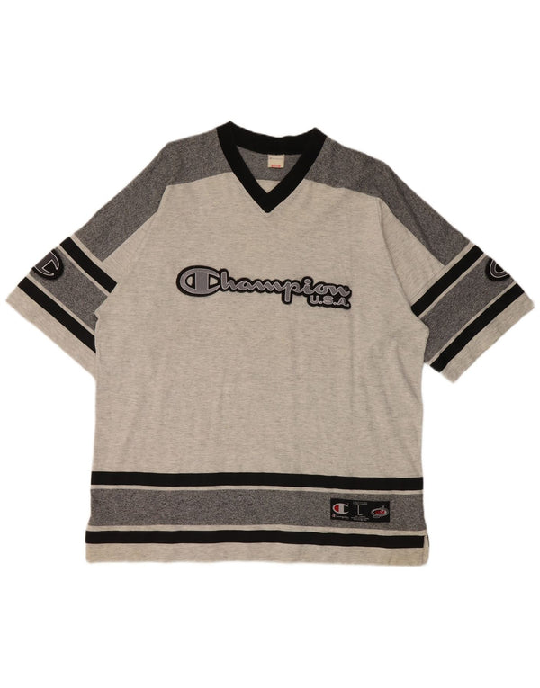 Camiseta masculina estampada Champion grande algodão colorblock cinza