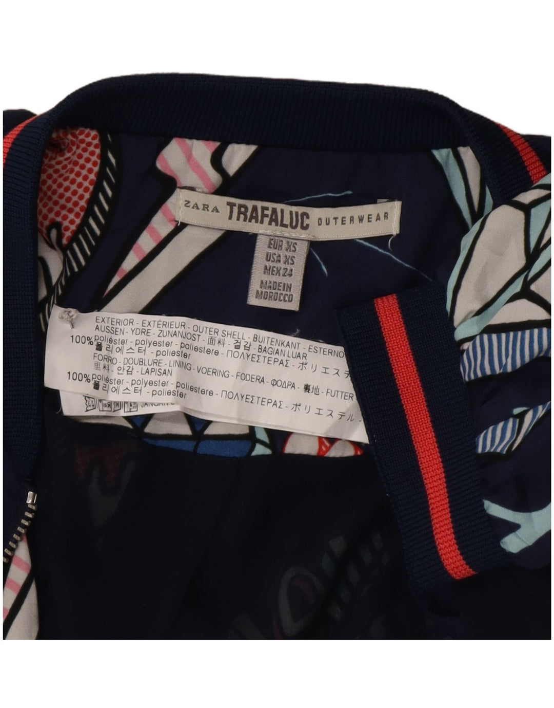 Zara Jaqueta bomber feminina com padrão abstrato solto e Reino Unido 6 XS azul marinho