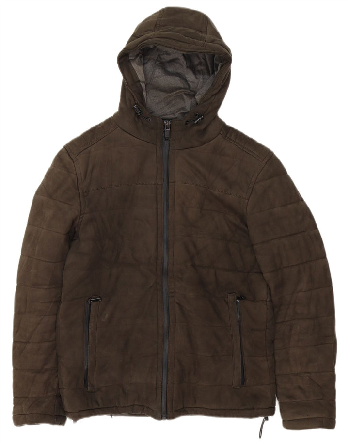 Jaqueta masculina acolchoada com capuz ZARA UK 40 poliéster cáqui grande