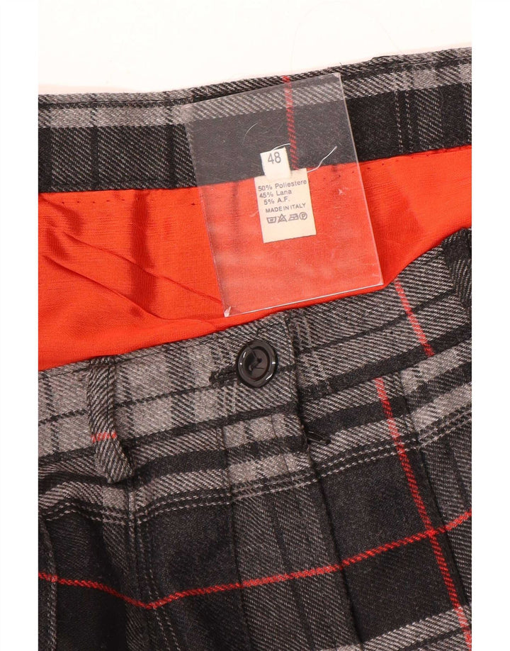 Saia plissada faca feminina vintage W30 poliéster xadrez cinza médio