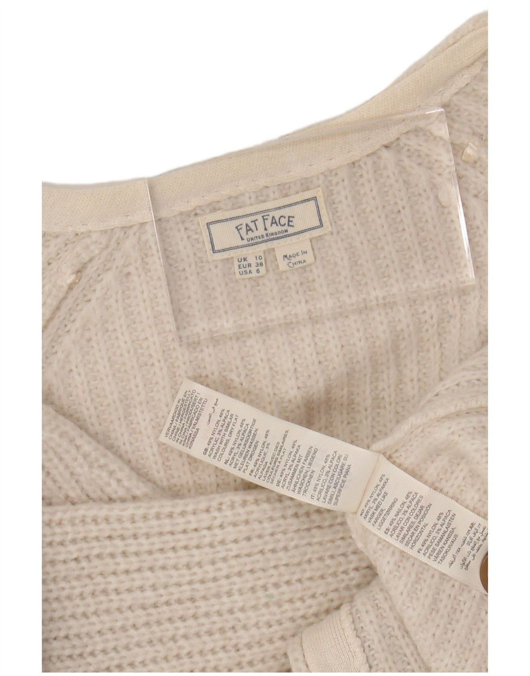 Suéter cardigã feminino FAT FACE cropped grande Reino Unido 10 pequeno nylon branco