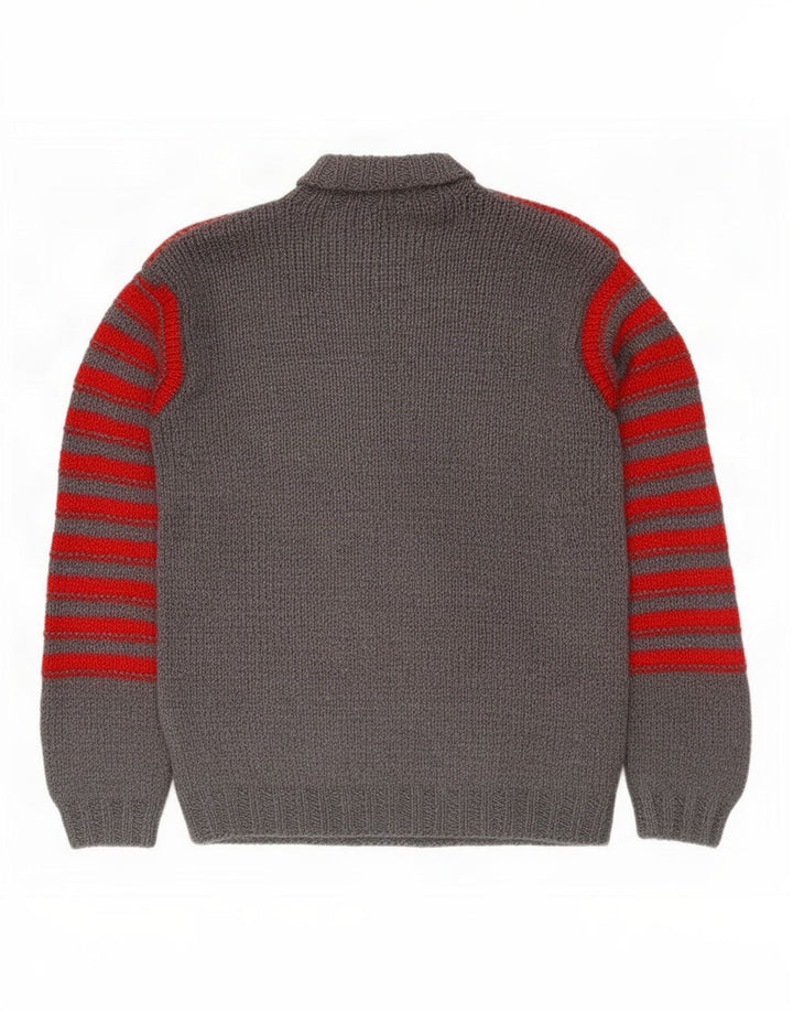 Suéter masculino vintage com gola redonda listrado cinza médio
