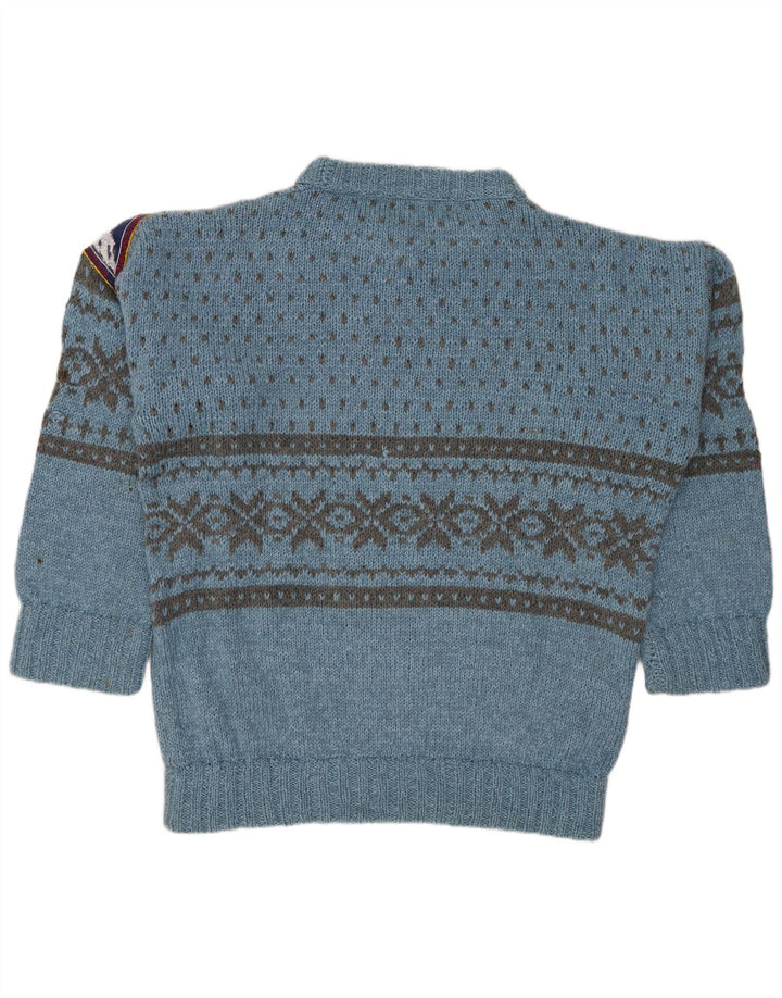 Suéter masculino vintage com gola canoa grande azul Fair Isle