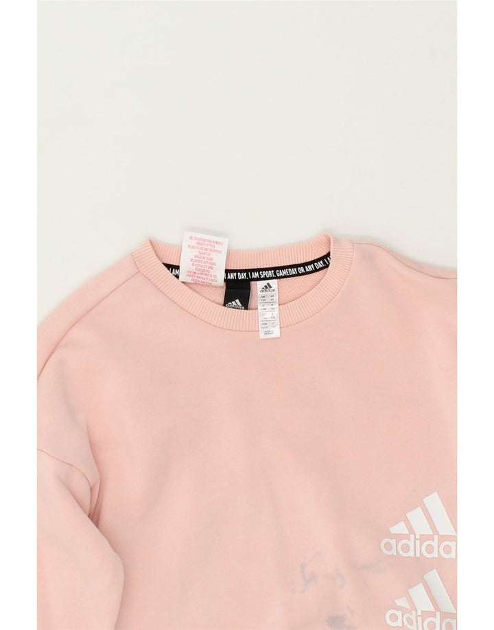 ADIDAS Girls Graphic Sweatshirt Jumper 7-8 Years Pink Cotton Vintage Adidas and Second-Hand Adidas from Messina Hembry 