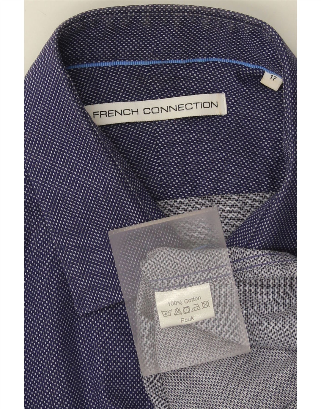 Camisa masculina French Connection tamanho 17 XL azul marinho algodão manchado