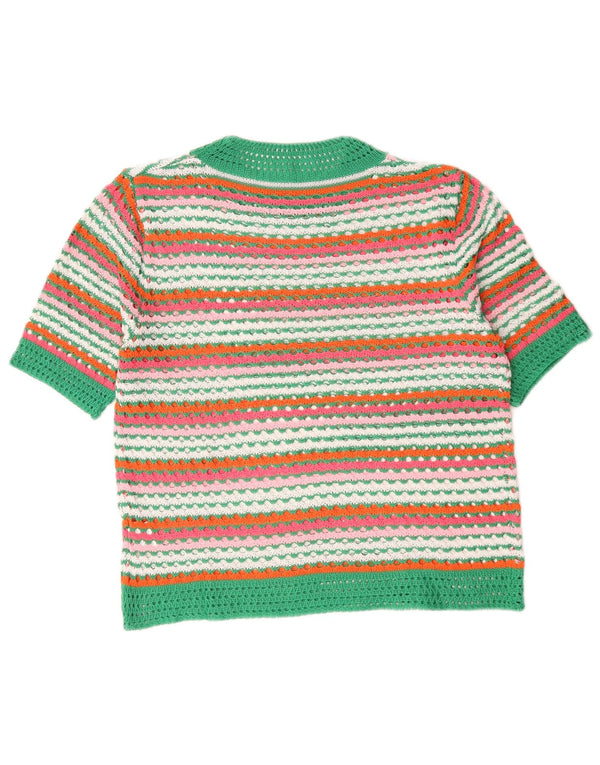 Suéter feminino vintage com gola redonda UK 16 grande listrado multicolorido