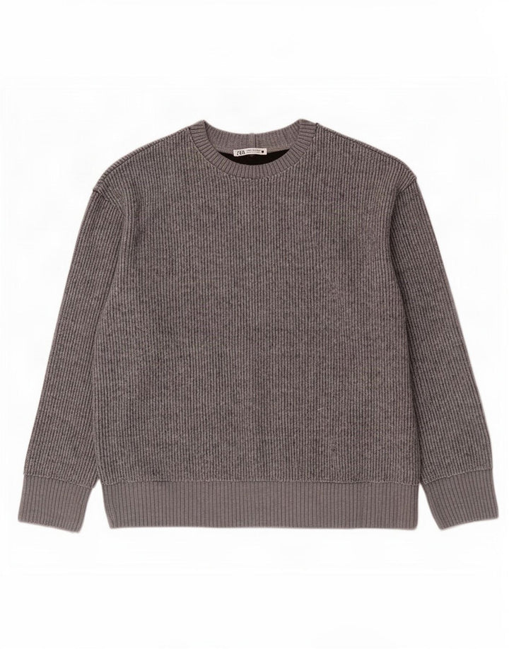 Suéter feminino Zara com gola redonda, Reino Unido 14, poliéster cinza médio