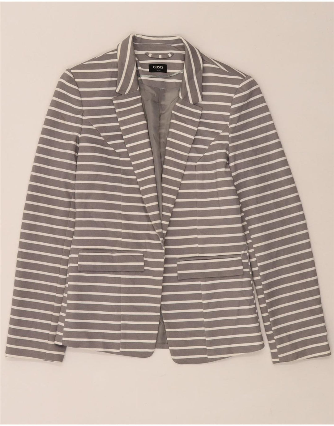 Jaqueta blazer aberta feminina Oasis Reino Unido 8 poliéster listrado cinza pequeno