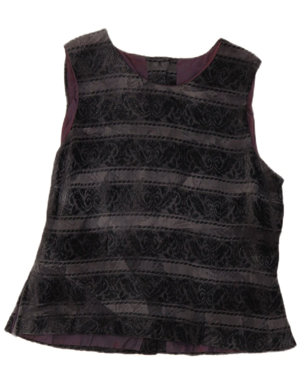 Blusa feminina sem mangas Michel Ambers UK 16 grande preta paisley