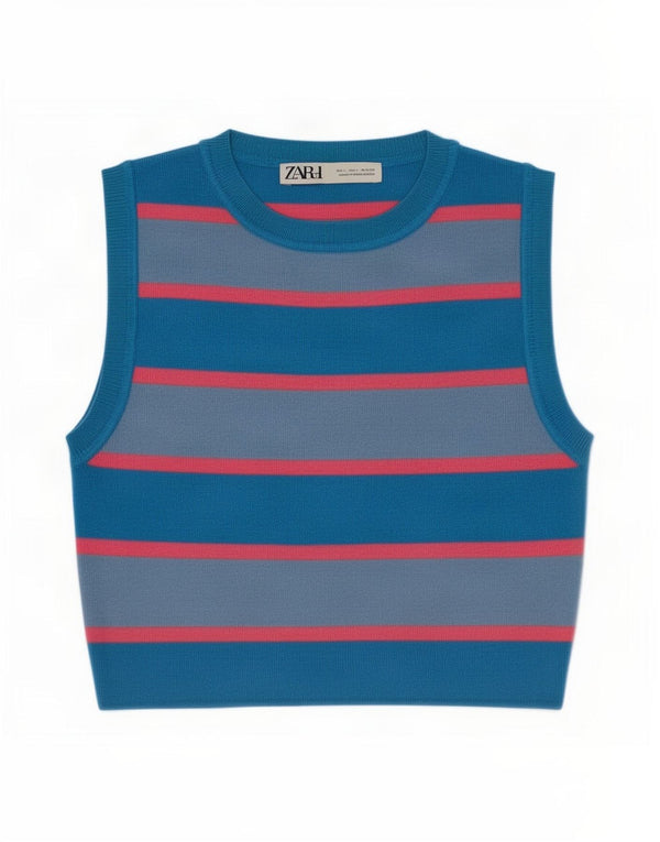 Zara Womens Crop Vest Top UK 14 Grande Viscose Listrada Azul