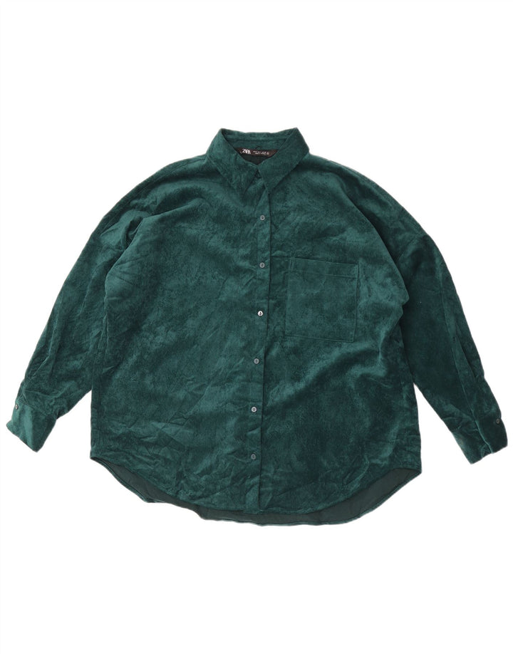 Camisa feminina de veludo cotelê Zara UK 14 poliéster verde médio
