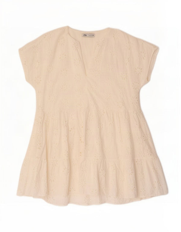Zara Vestido feminino oversized em camadas Reino Unido 16 grande algodão floral branco