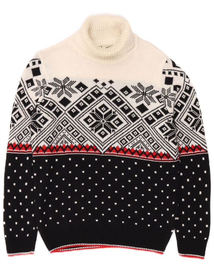 Suéter masculino vintage com gola redonda, pequeno, preto, Fair Isle