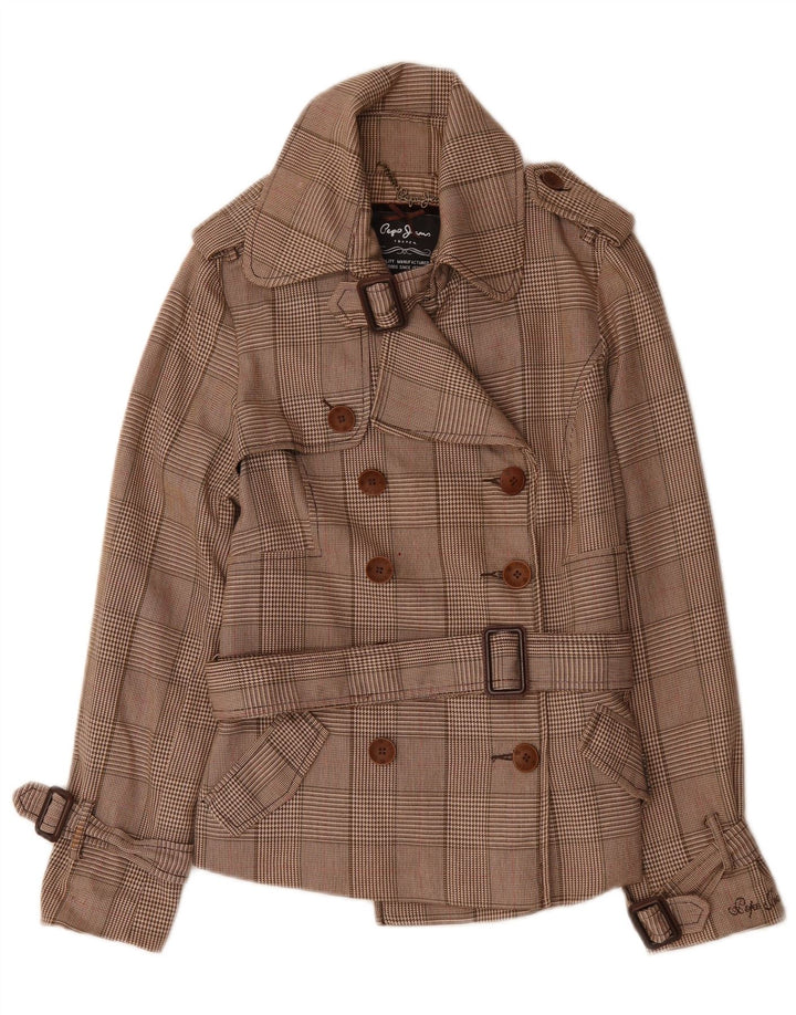 PEPE Jeans feminino com cinto ervilha casaco Reino Unido 14 médio marrom houndstooth algodão