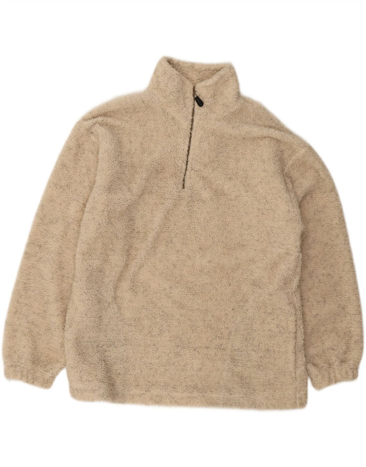 VINTAGE Mens Loose Fit Zip Neck Fleece Jumper Medium Beige Flecked Acrylic Vintage Vintage and Second-Hand Vintage from Messina Hembry 