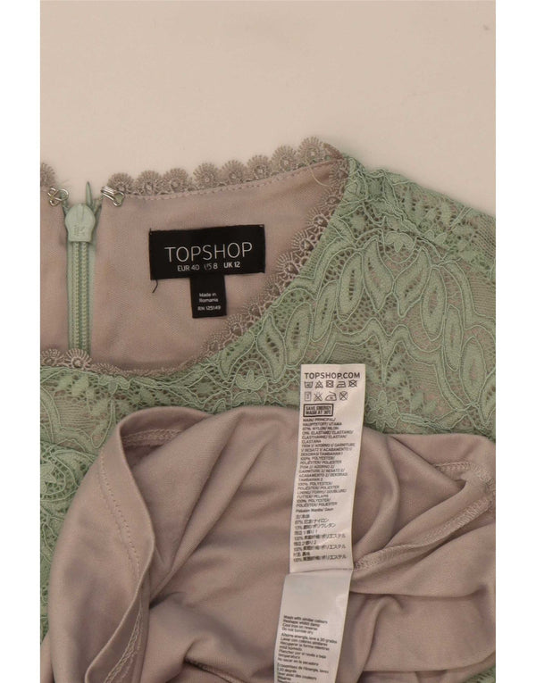 Vestido feminino Topshop manga 3/4 renda evasê UK 12 médio verde floral nylon