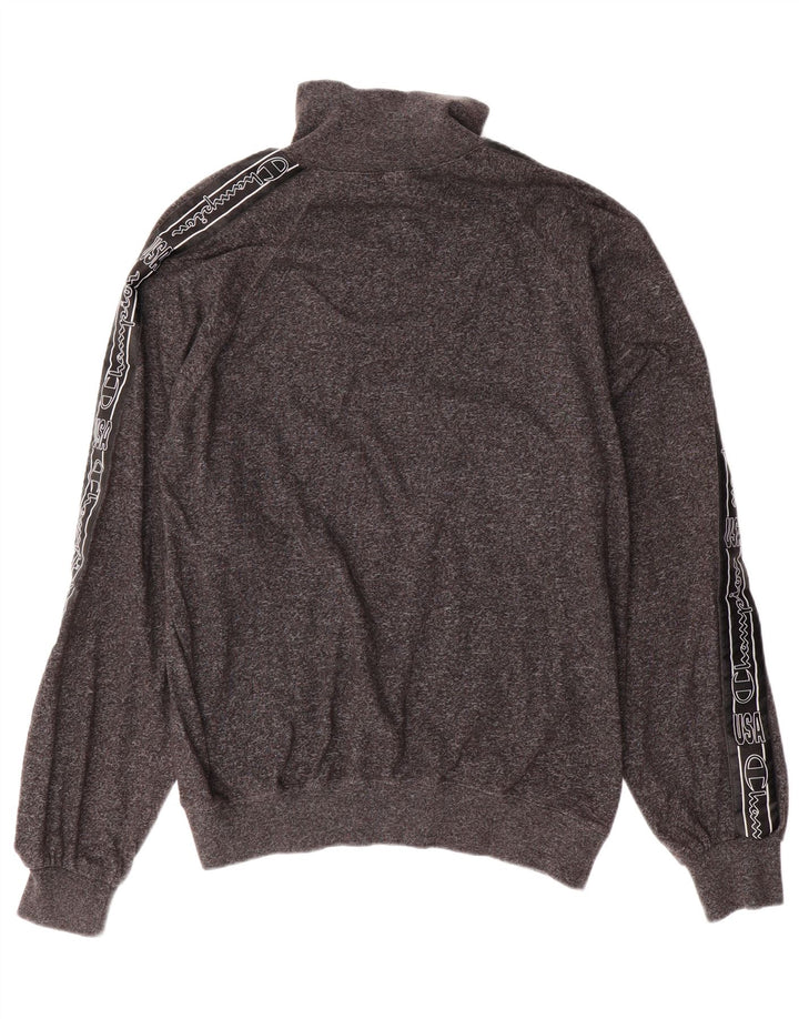 CHAMPION Suéter masculino gráfico com gola com zíper e bloco colorido cinza médio