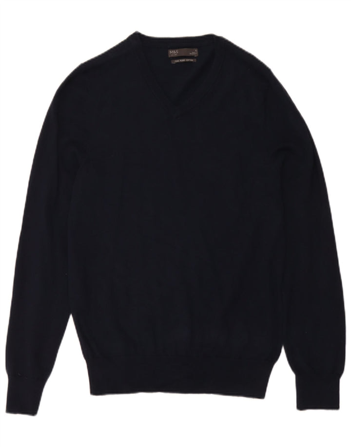 Suéter masculino Marks & Spencer com decote em V pequeno algodão azul marinho