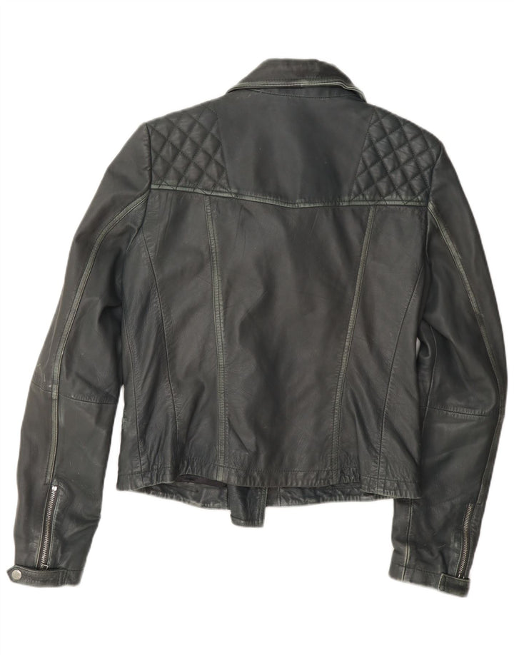 Jaqueta feminina de couro para motociclista All Saints UK 12 cinza médio