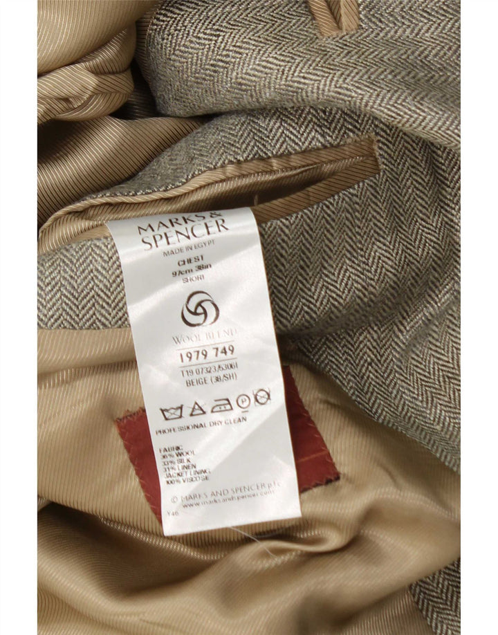 Jaqueta Blazer Masculina Marks & Spencer Reino Unido 38 Lã Espinha de Peixe Bege Médio
