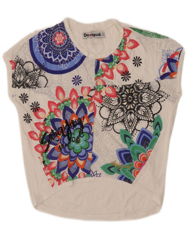 Desigual Camiseta Feminina Oversized Gráfica Top UK 10 Pequena Branca