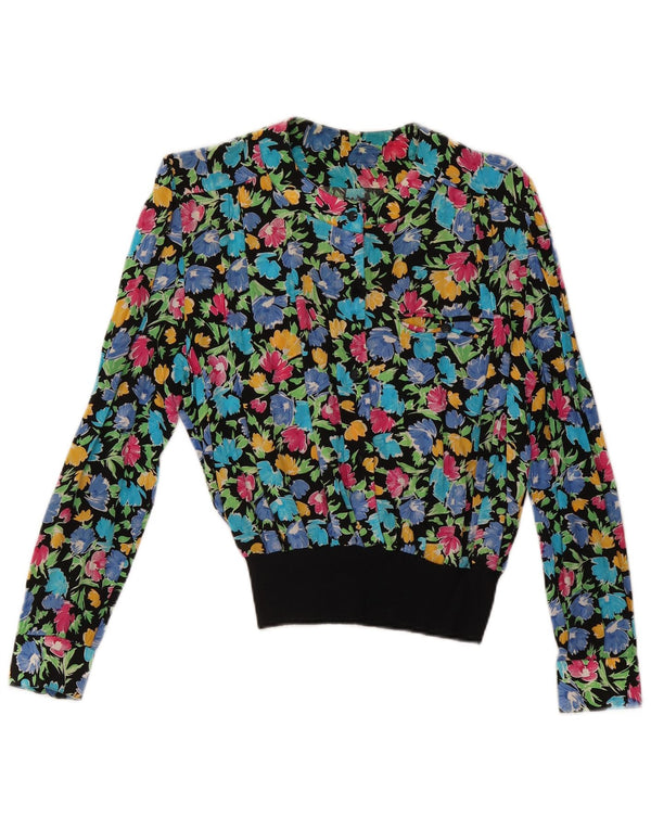 Blusa feminina vintage de manga comprida UK 10 pequena floral multicolorida