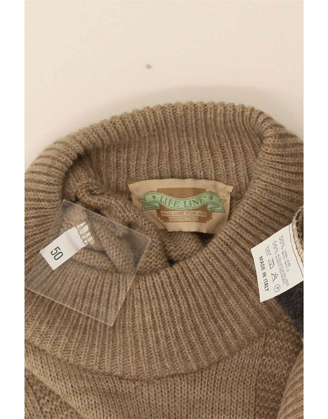 Suéter masculino Life Line com gola redonda IT 50 lã geométrica bege médio