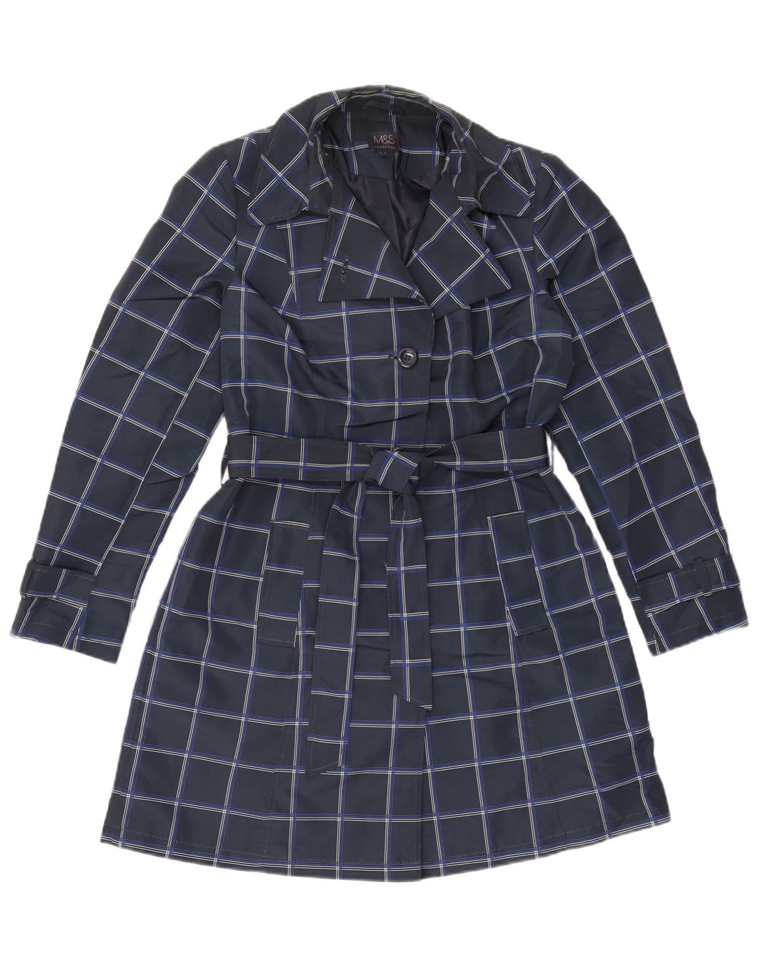 Casaco impermeável feminino Marks & Spencer Reino Unido 12 poliéster xadrez azul marinho médio