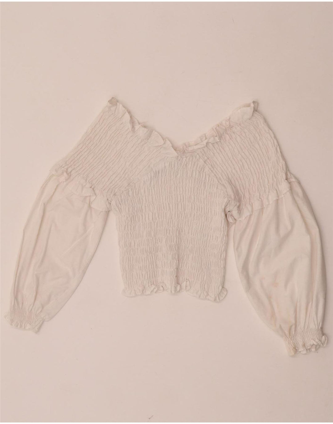 Zara Top feminino de manga comprida com ombro de fora UK 12 médio branco